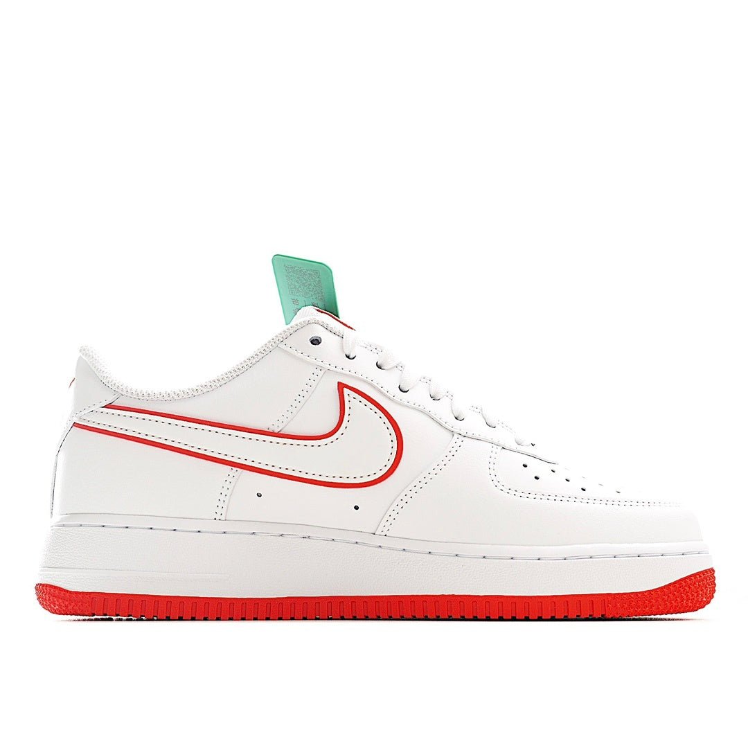 White Air Force 1 sneaker with red and teal swoosh detail and red textured sole