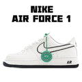 White Air Force 1 low-top sneakers with black swoosh and green HY tag