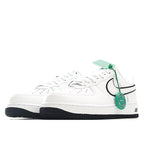 White Air Force 1 low-top sneakers, black swoosh, green HY tag