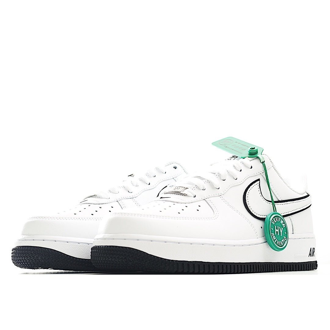White Air Force 1 low-top sneakers, black swoosh, green HY tag