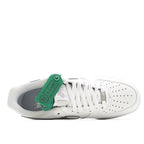 Nike Air Force 1 sneakers, white leather side view with laces and green hangtag