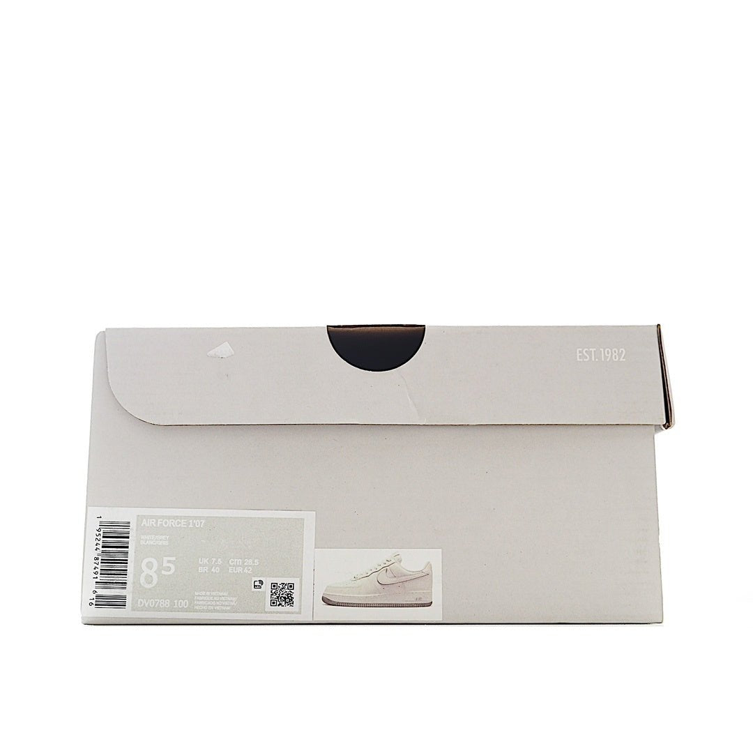Nike Air Force 1 shoe box, light gray with product image and barcode label