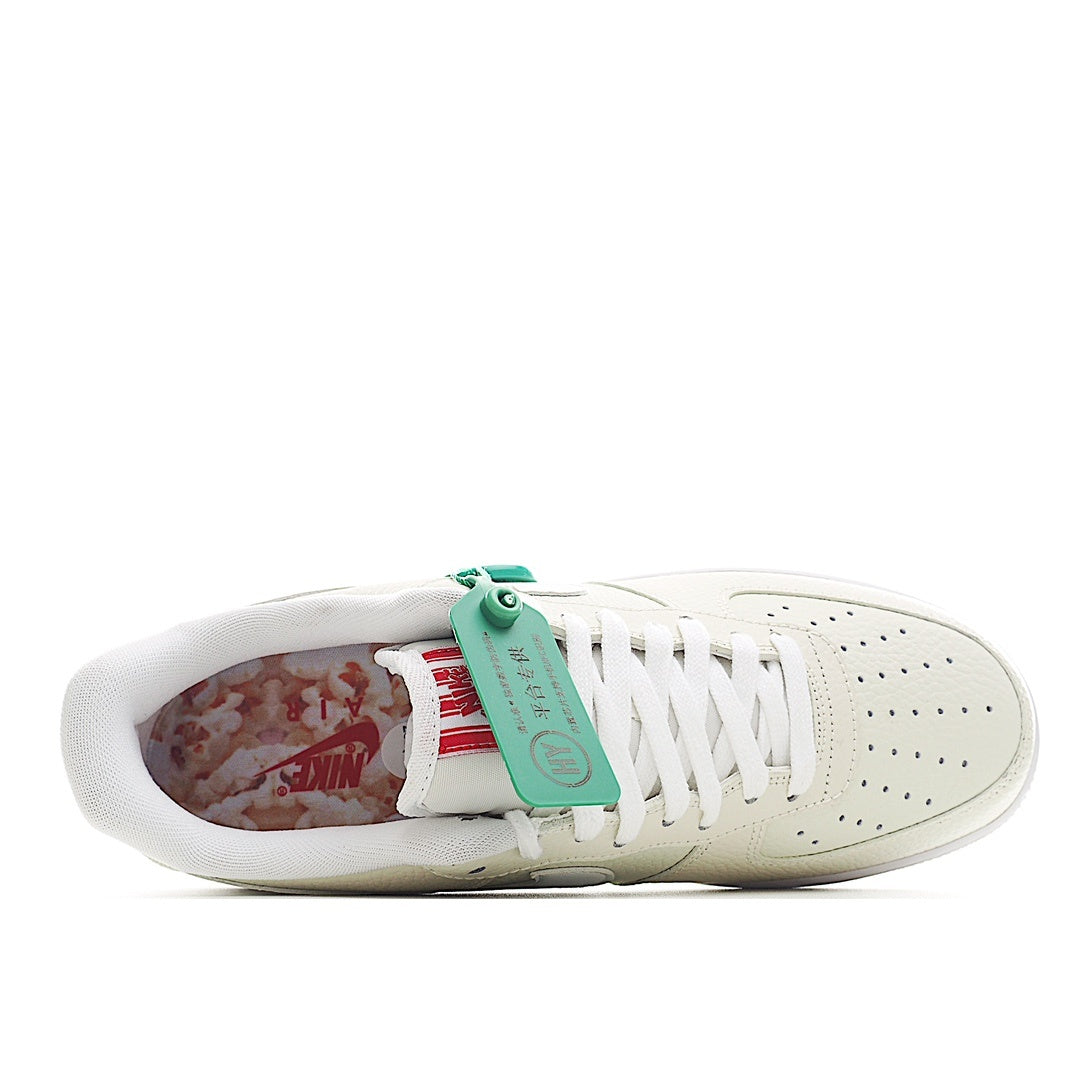White Nike Air Force 1 sneakers, inside view of upper, green tag
