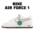 Nike Air Force 1 low-top sneakers, white leather with tan swoosh and brown sole