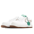 Nike Air Force 1 low-top sneakers side view, white upper with tan swoosh and brown sole