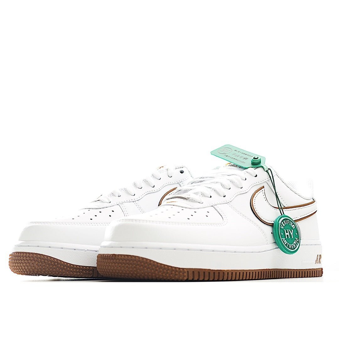 Nike Air Force 1 low-top sneakers side view, white upper with tan swoosh and brown sole