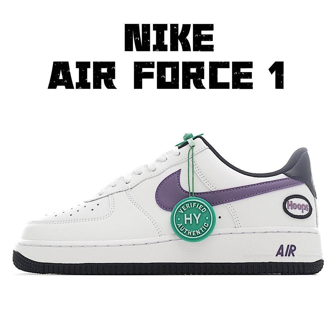 White Nike low-top sneaker with purple swoosh, green lace tag, black sole