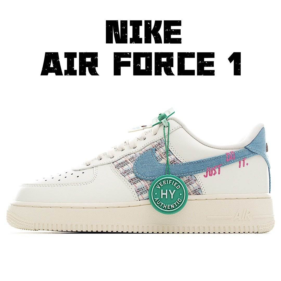 Nike Air Force 1 low-top sneakers in white with blue panels, green laces