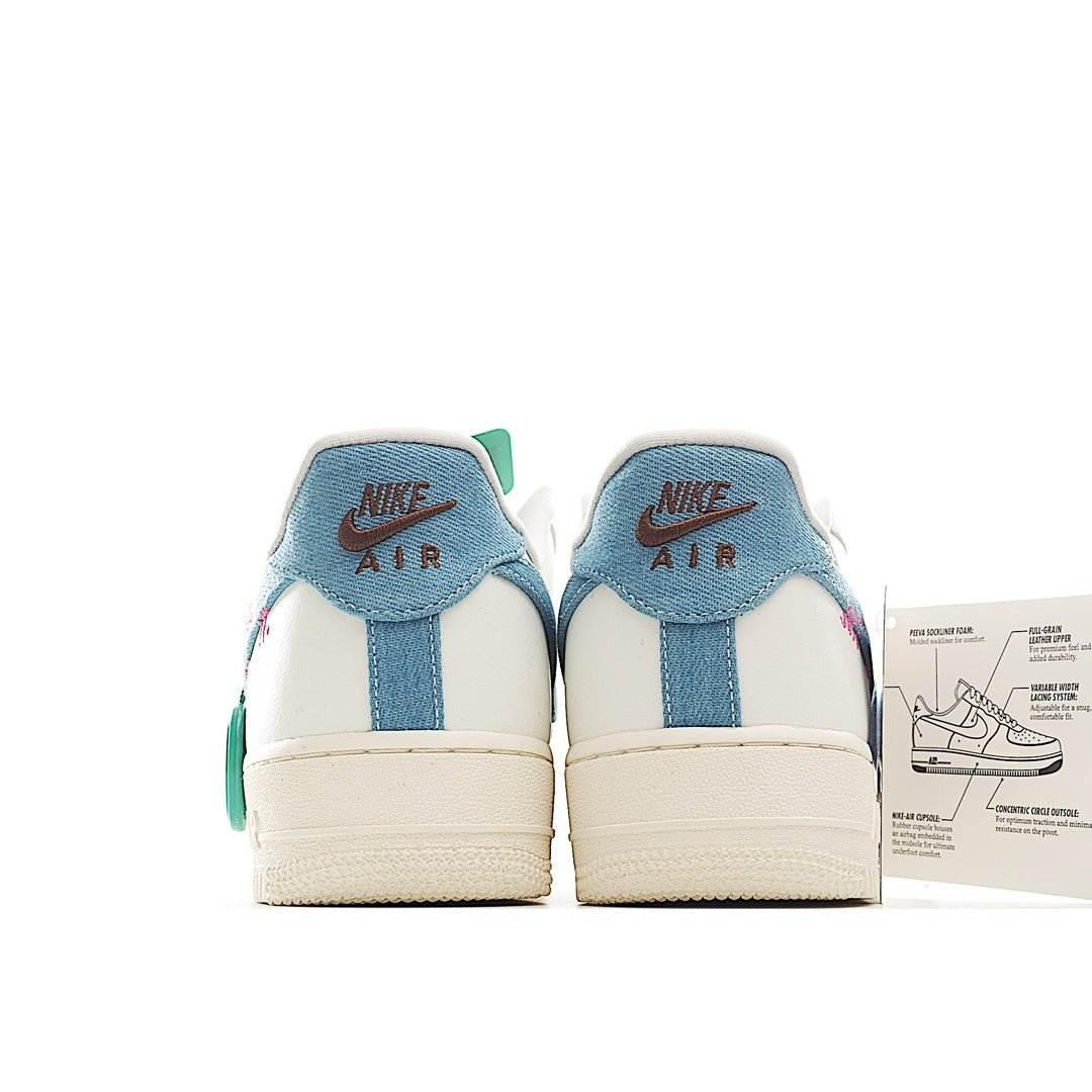 Nike Air Force 1 sneakers, rear view, blue heel tab and white/blue upper