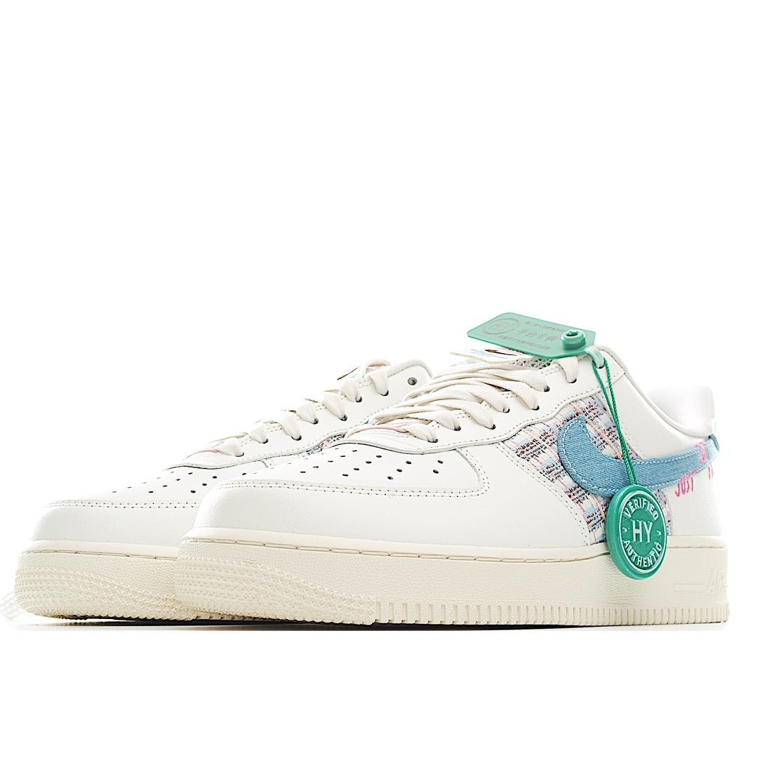 Air Force 1 sneaker, white with blue heel tab and plaid panel, green tag