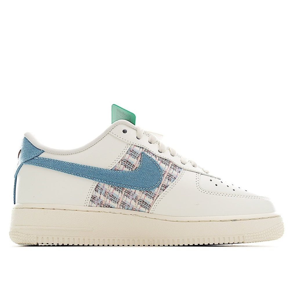 Air Force 1 sneaker, white with blue quarter panel and plaid accents