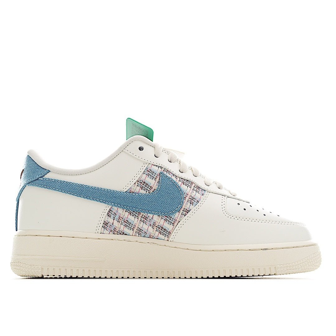 Air Force 1 sneaker, white with blue quarter panel and plaid accents