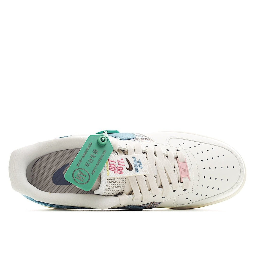 Air Force 1 sneaker, white with blue collar and lace panel, green HY tag