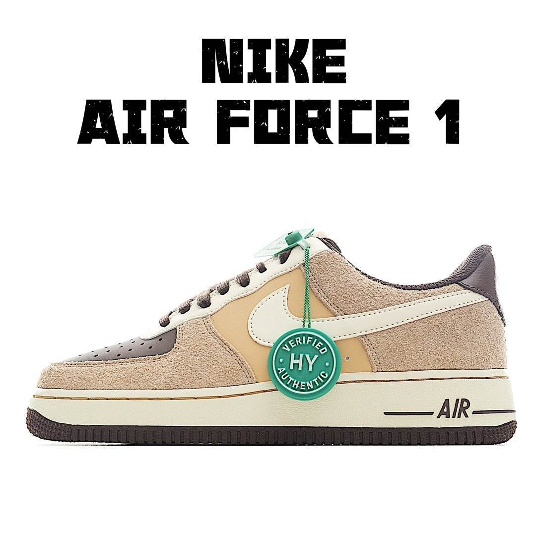 Nike Air Force 1 low-top sneakers in tan with cream and green lace accents