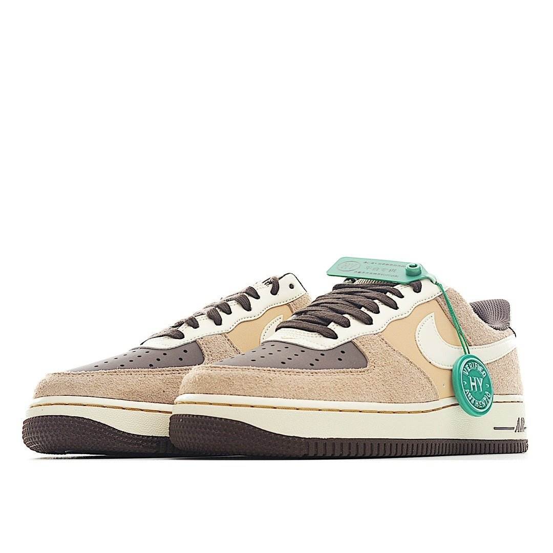 Nike Air Force 1 low-top sneakers, tan suede with white panels and green laces