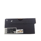 Sneaker shoe box with black design, barcode label, and small shoe image