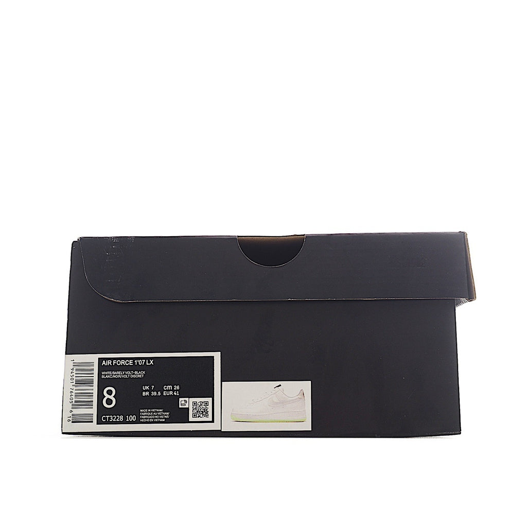 Black shoe box with size label and barcode