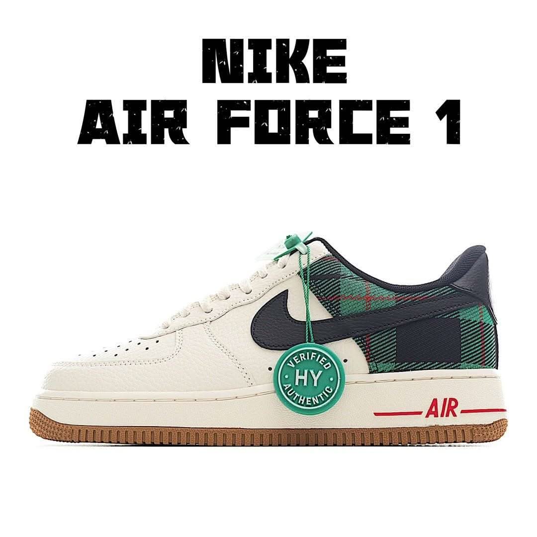 Nike Air Force 1 sneaker, white leather with black/green plaid, gum sole