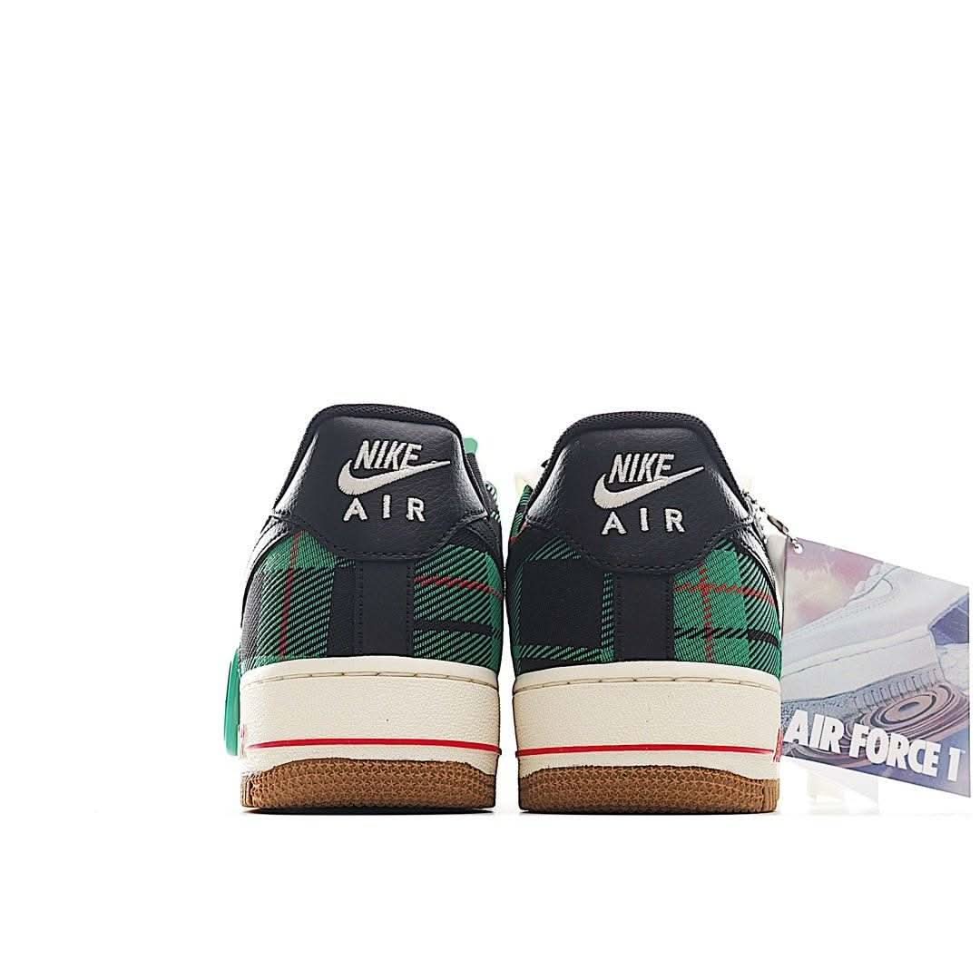 Nike Air Force 1 sneaker pair, dark uppers with green plaid panels, gum soles