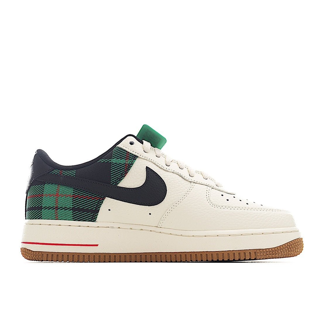 Nike Air Force 1 sneakers, white leather toe with dark green plaid heel and black swoosh