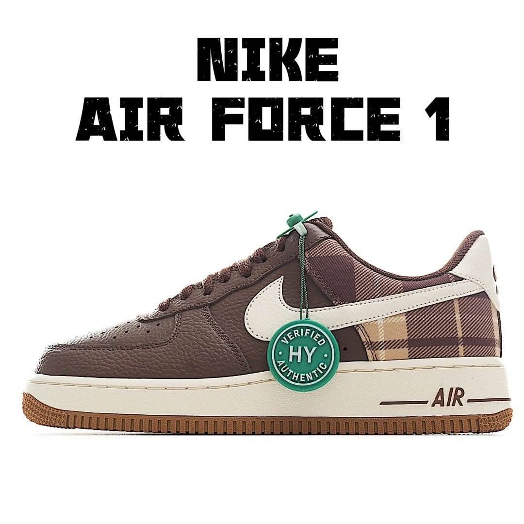 Brown and tan low-top sneakers with white swoosh, plaid panels, gum sole, green tag