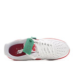 Low-top sneaker, white laces with green tag and maroon insole detail
