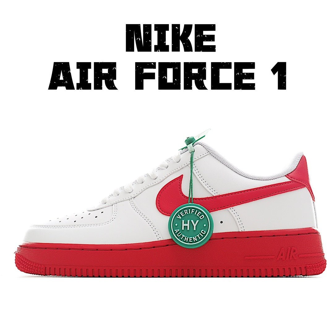 Low-top sneaker, white upper with red swoosh, green lace tag, red sole