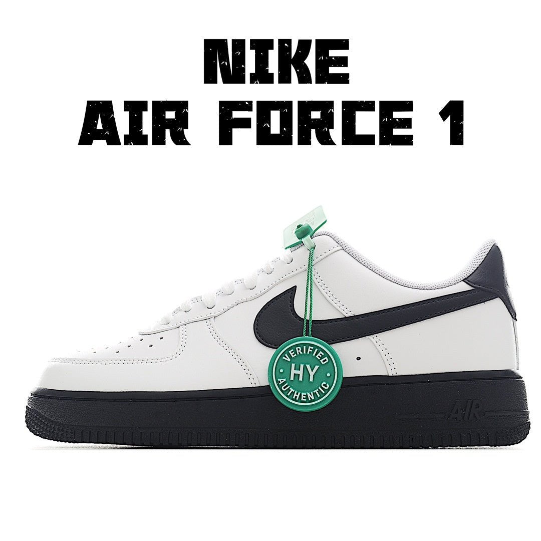 Low-top sneaker in white with black swoosh and green lace tag, black rubber sole.