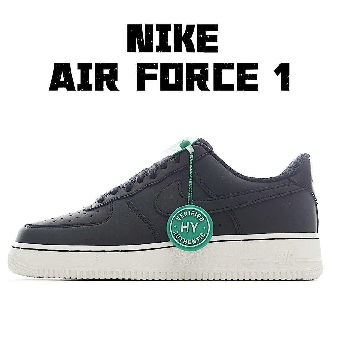 Nike Air Force 1 low-top sneaker, dark upper with white sole and green accents