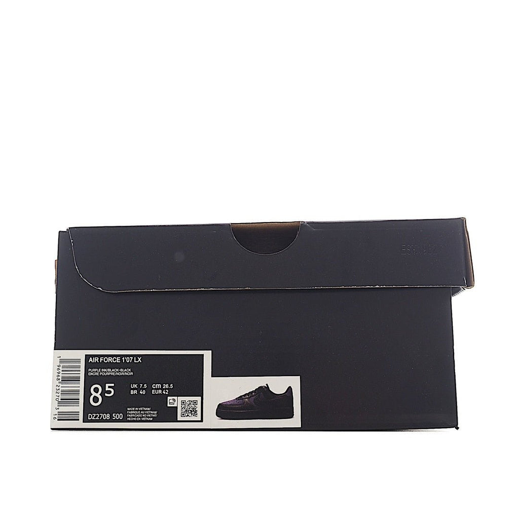 Navy shoe box with shipping label and product image