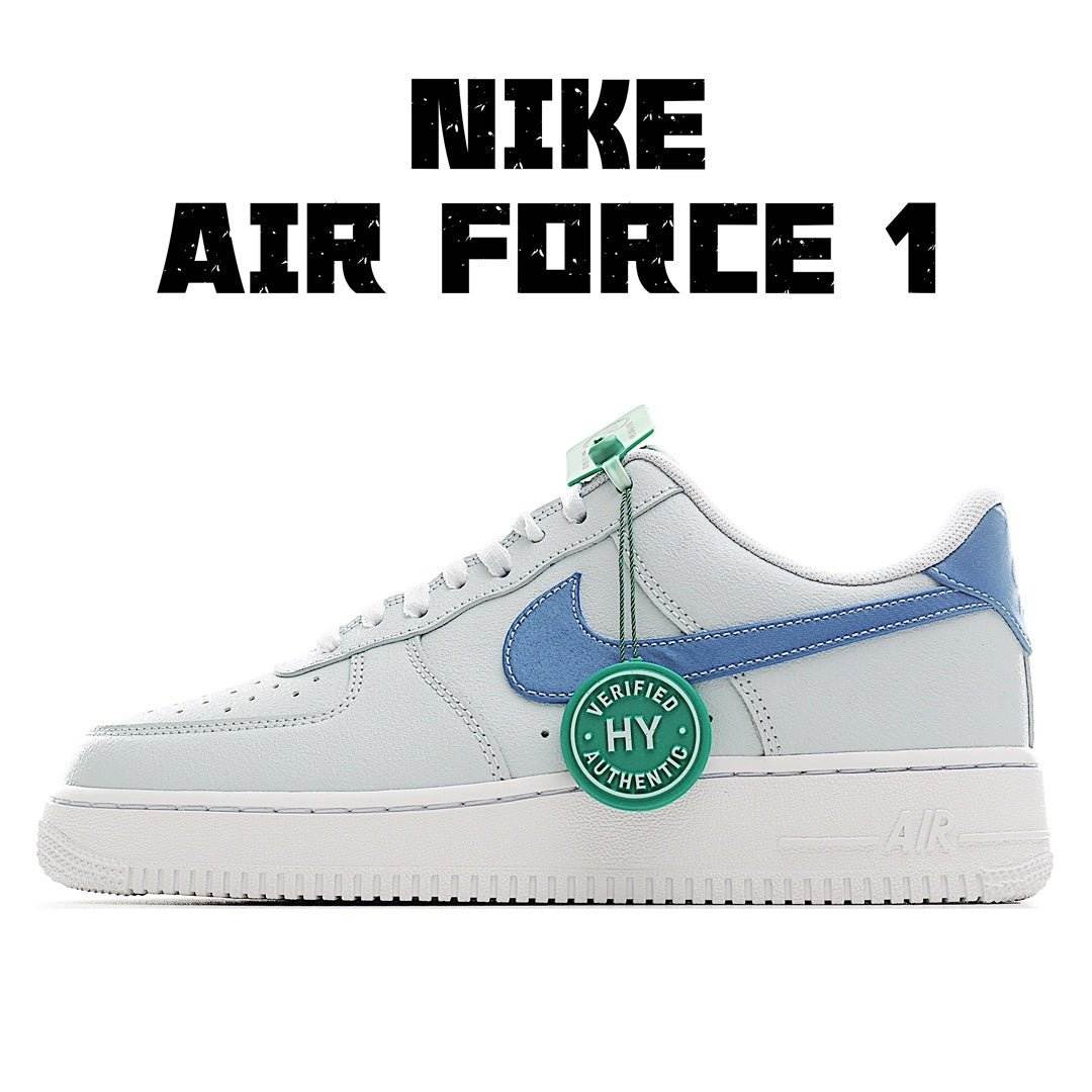 Nike Air Force 1 low-top sneakers, white leather with blue swoosh and mint lace tag