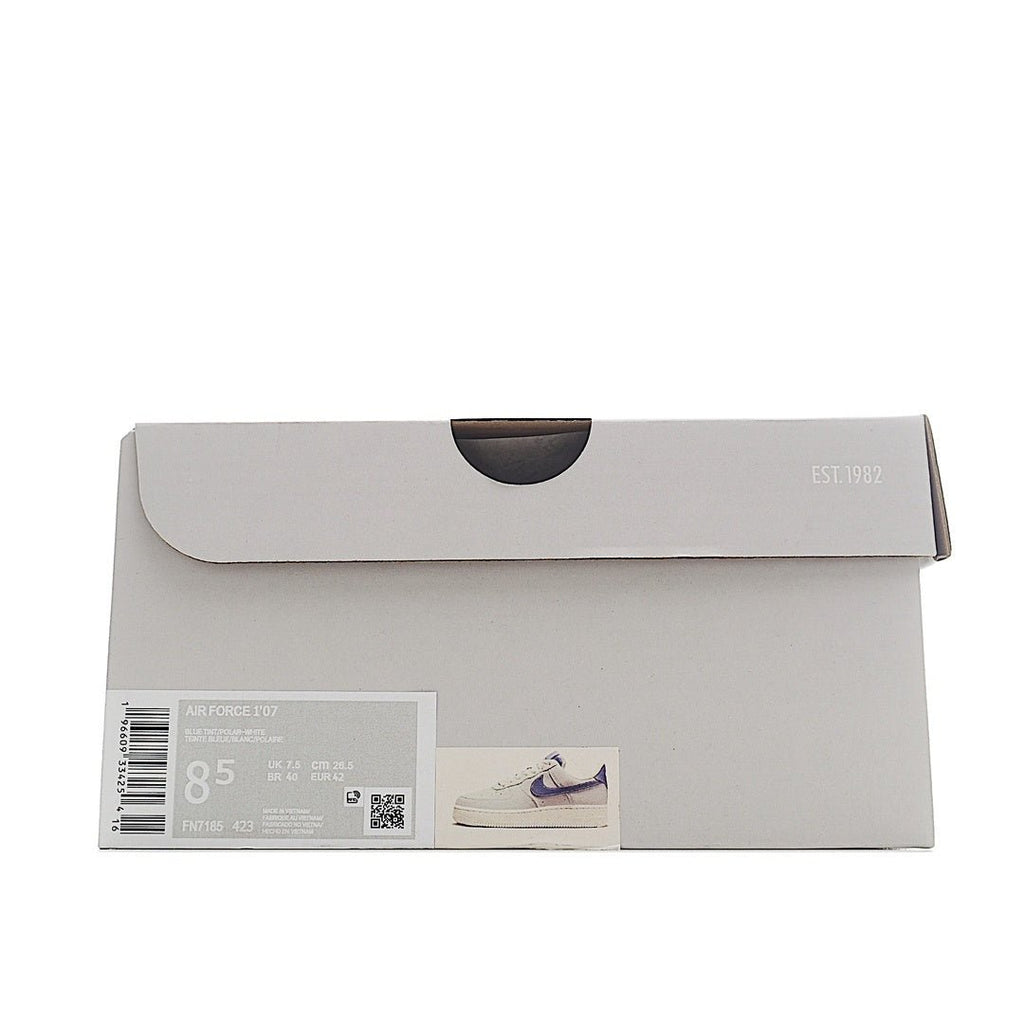 Light gray Nike Air Force 1 shoebox with barcode and EST 1992 marking