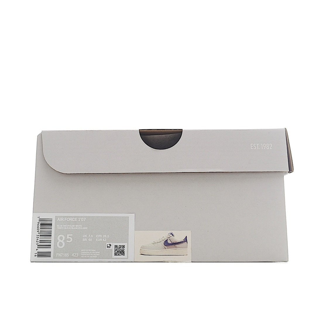 Light gray Nike Air Force 1 shoebox with barcode and EST 1992 marking