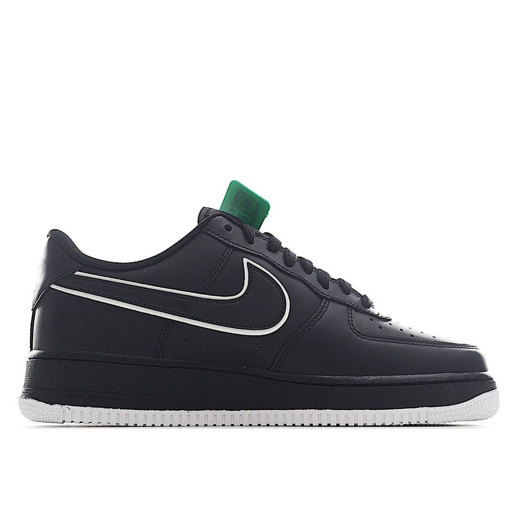 Nike Air Force 1 low-top sneakers, black leather upper with teal collar tab.