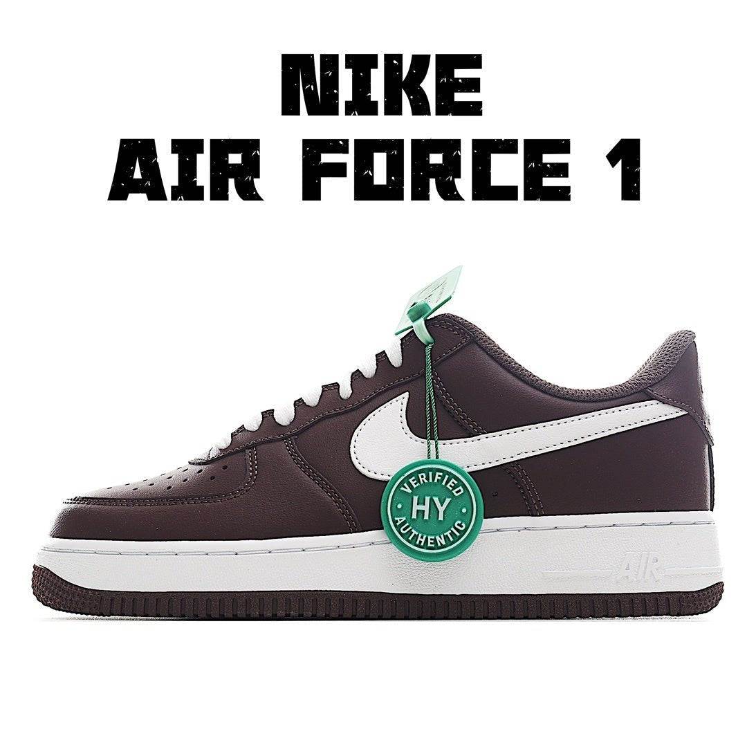 Maroon Nike Air Force 1 sneakers, white swoosh, green HY authenticity tag
