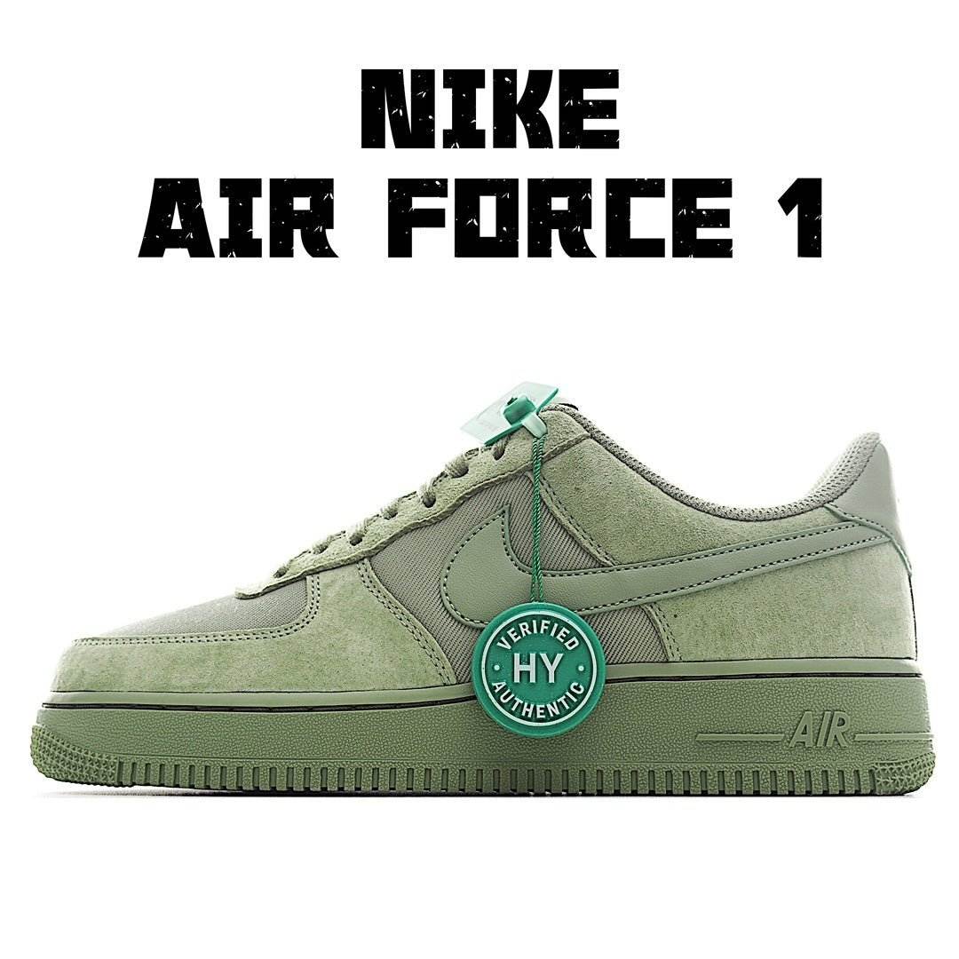 Nike Air Force 1 low-top sneakers, light green suede with teal HY tag and Air sole
