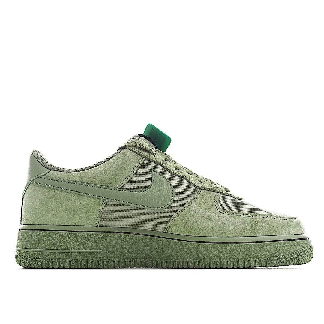 Nike Air Force 1 low-top sneakers, light green suede side view with stitched Swoosh
