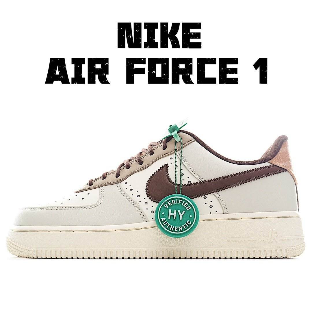 Nike Air Force 1 sneakers, white leather with brown swoosh and green laces