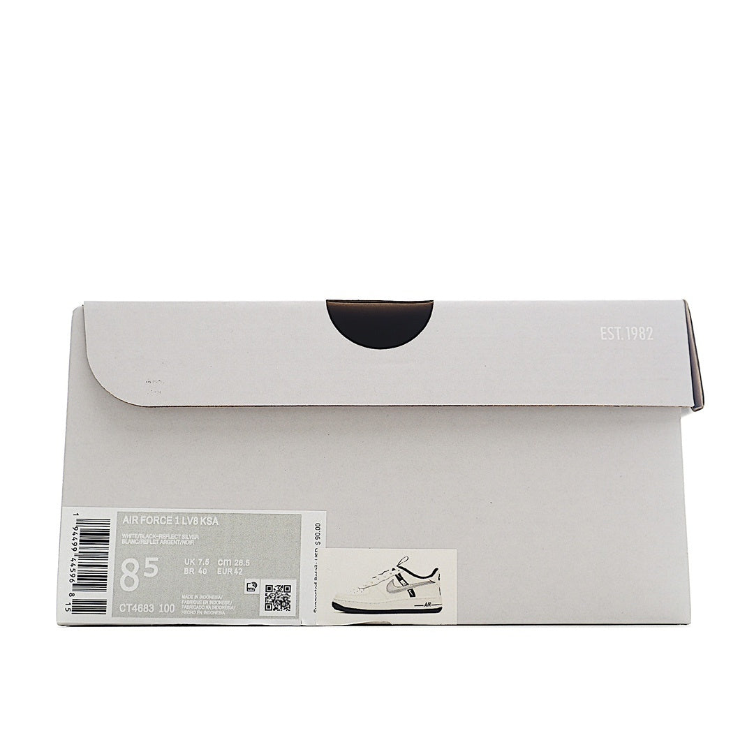 Nike Air Force 1 sneaker box with barcode label and small shoe icon.
