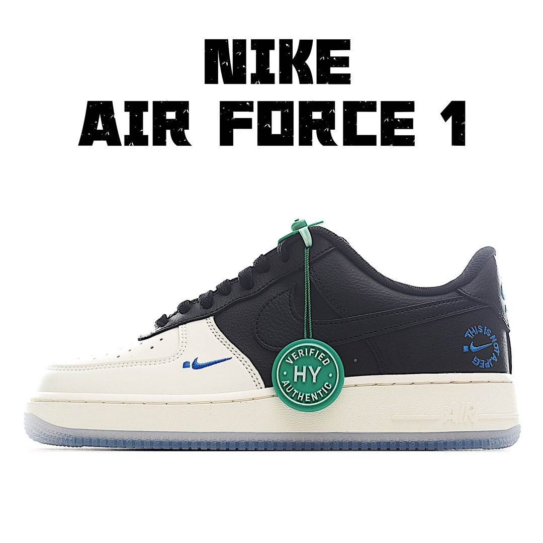 Low-top sneakers, black leather with white sole, blue Swoosh, green lace and HY badge