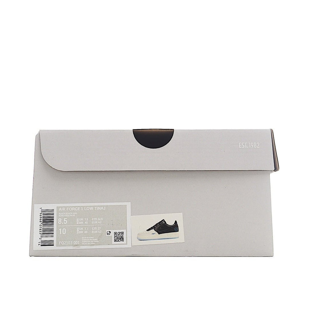 Nike Air Force 1 shoe box, light gray with label and pictured sneakers