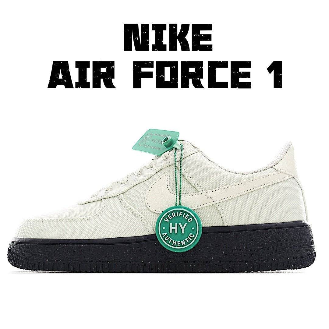 Nike Air Force 1 low-top sneakers, white leather, black rubber sole, Verified HY tag