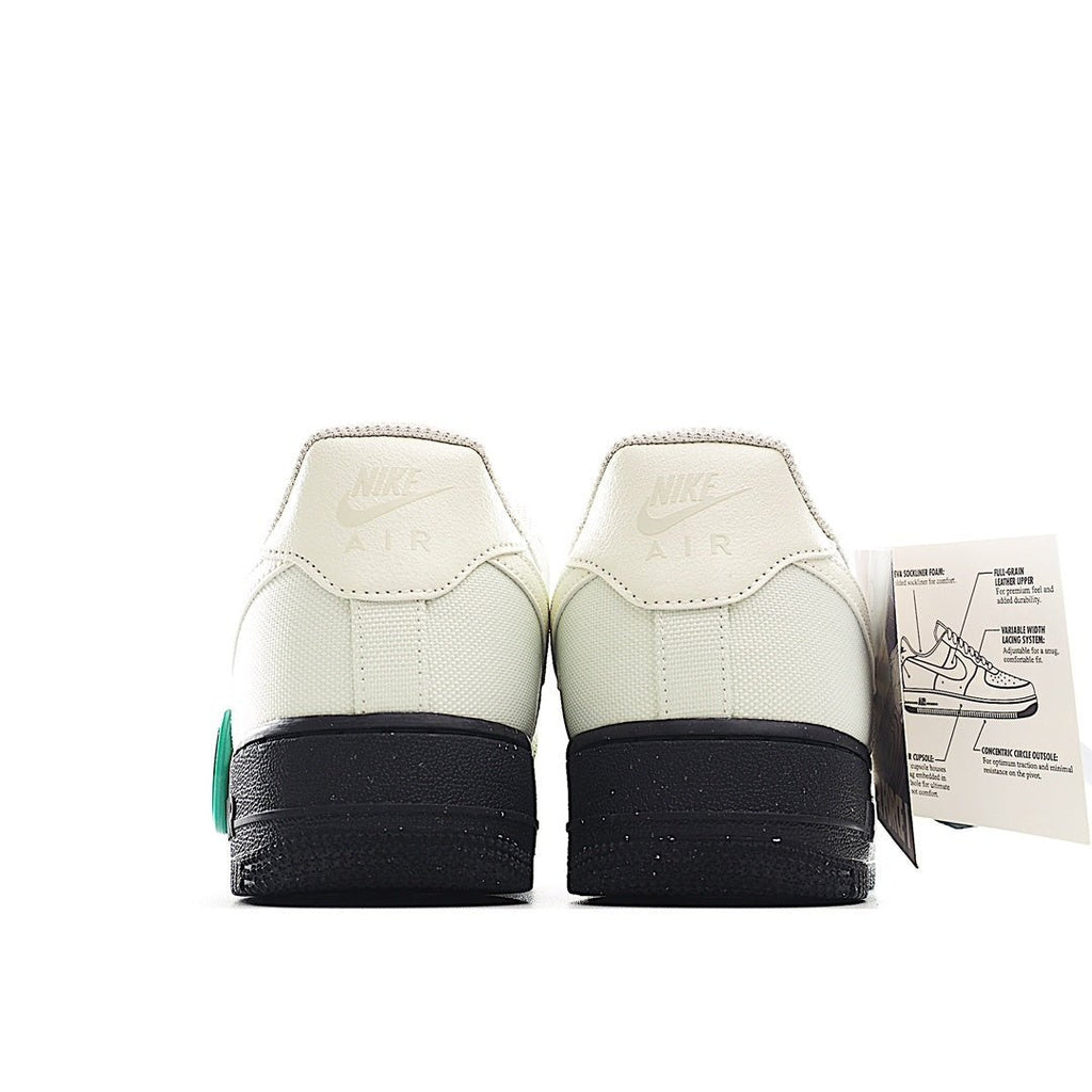 Pair of white sneakers with teal heel accents and black heel tabs
