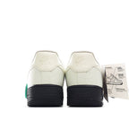 Pair of white sneakers with teal heel accents and black heel tabs