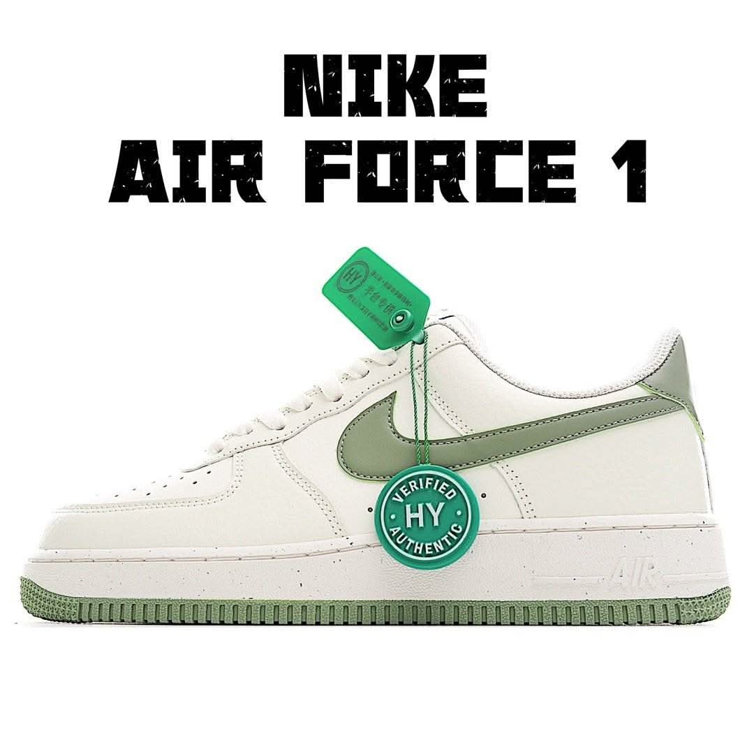White and green low-top sneakers with Nike swoosh, lace-up, green outsole tag.