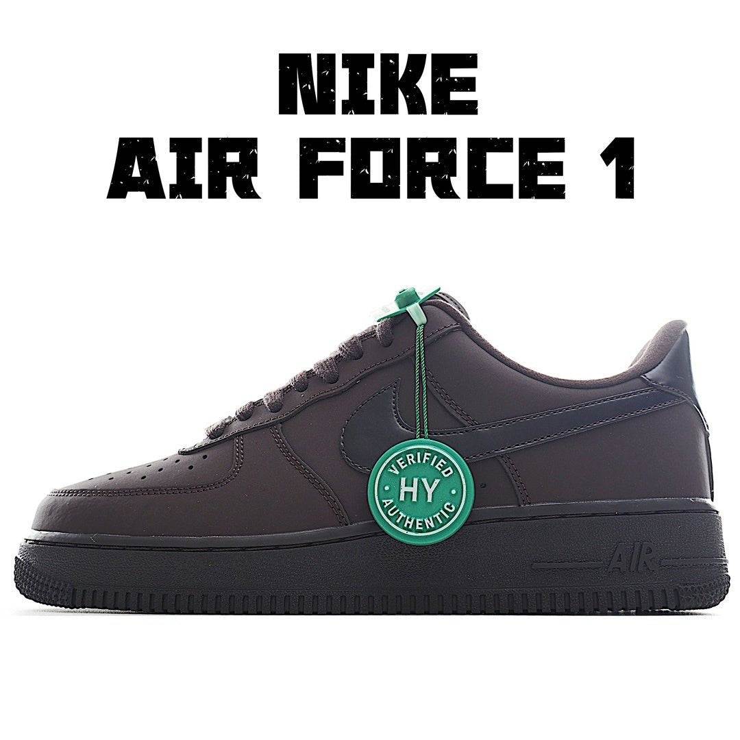 Dark Nike Air Force 1 sneakers with teal laces and green authenticity tag