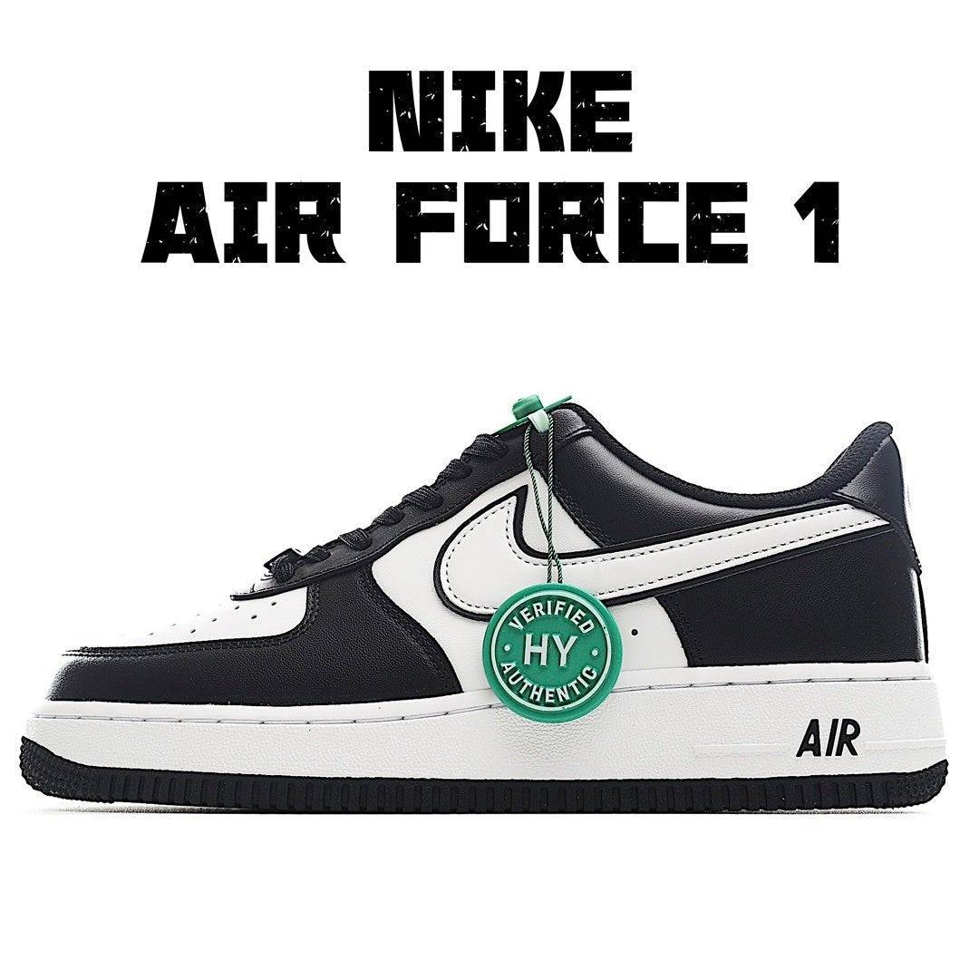 Black and white low-top lace-up sneakers with green verified badge