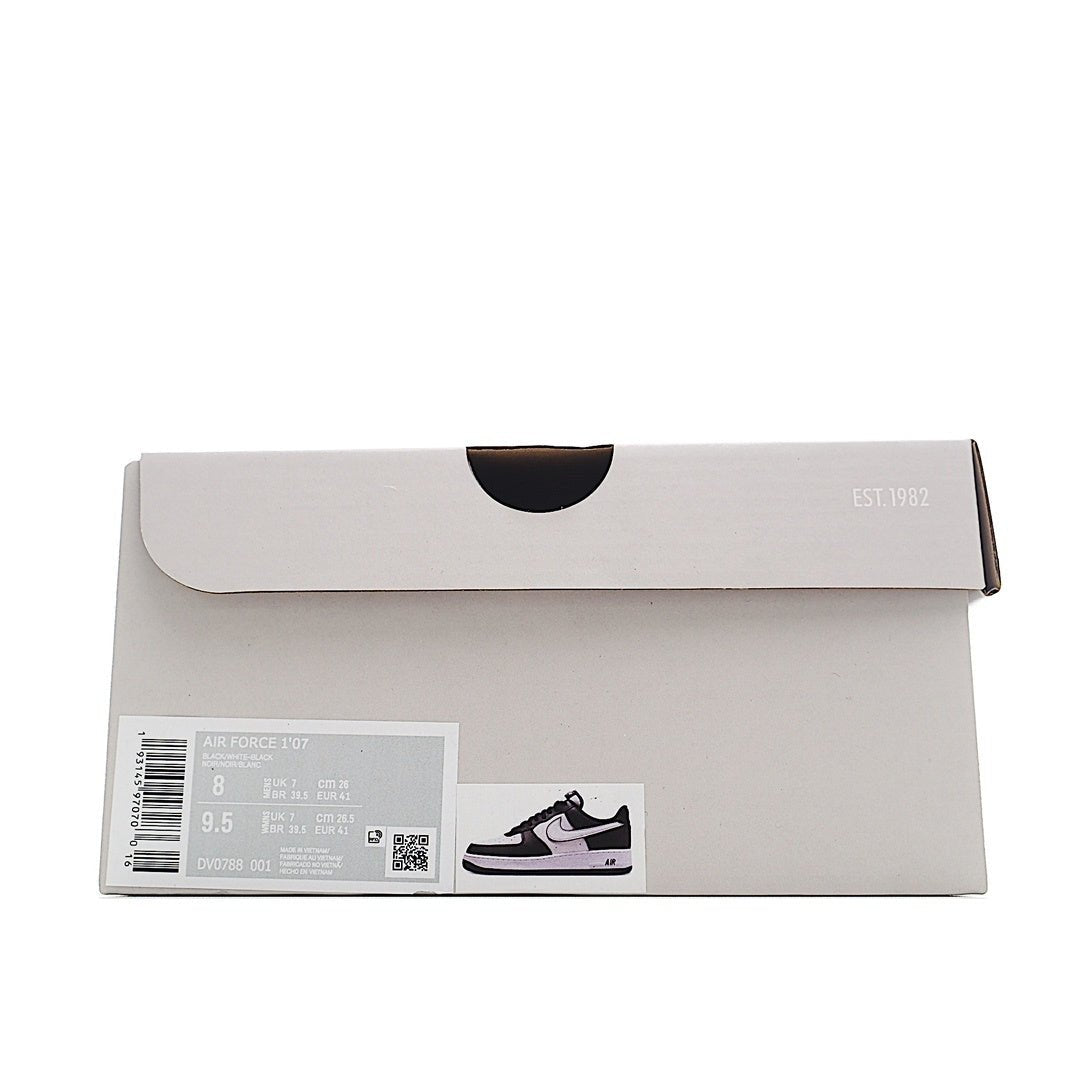 White shoe box for Air Force 1 sneakers with barcode label and EST.1982 on lid