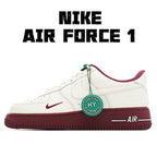 Nike Air Force 1 low-top sneakers, white with maroon sole and Swoosh, green/red laces