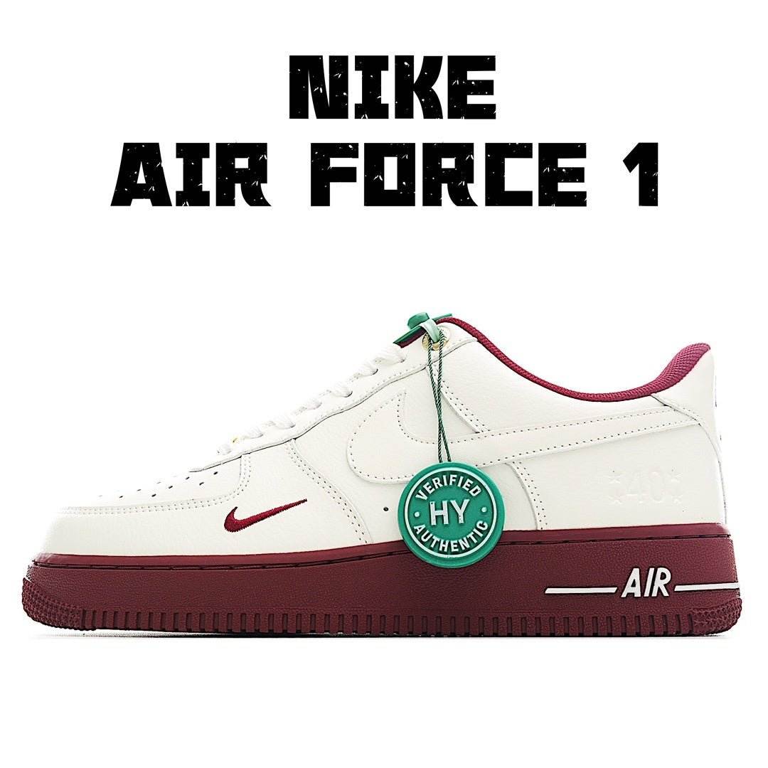 Nike Air Force 1 low-top sneakers, white with maroon sole and Swoosh, green/red laces